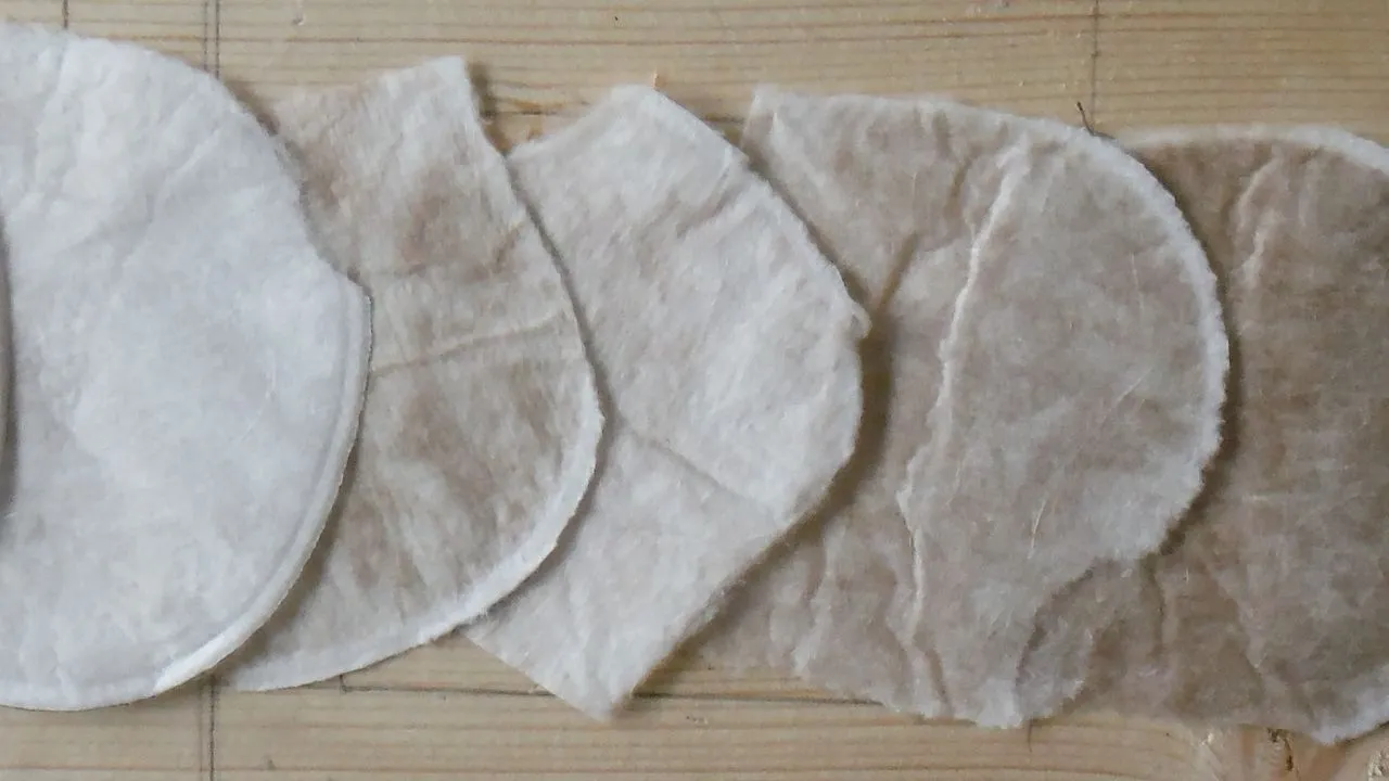 Five circular filter media pads laid in a row on a wood surface, showing progressively more discoloration from left to right