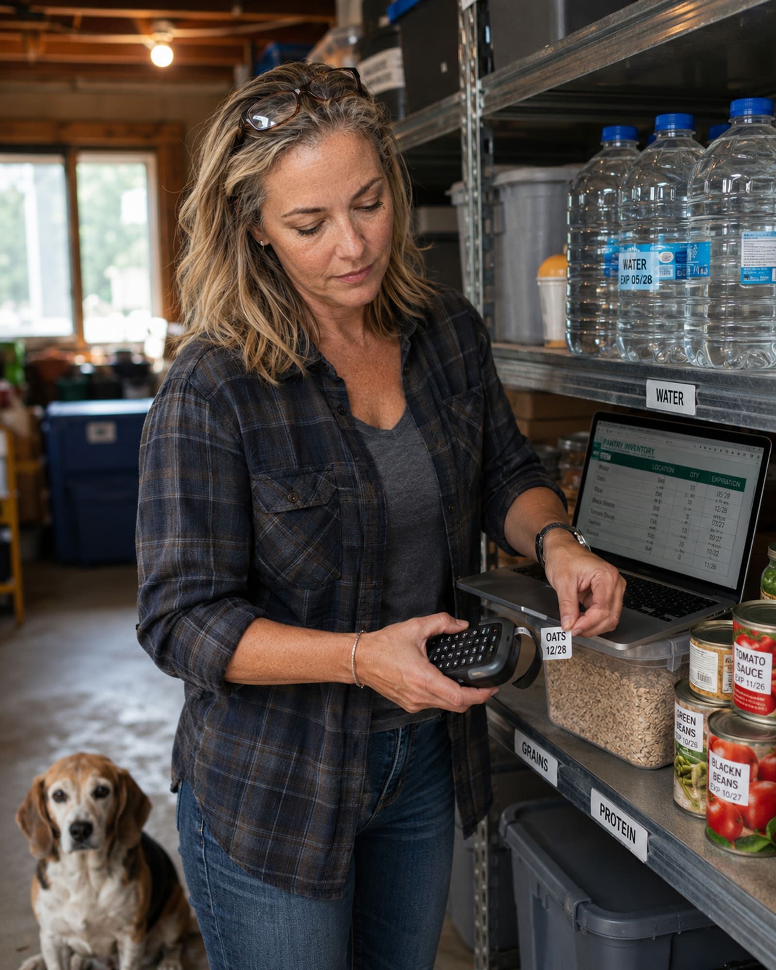 Heather Wisecarver applying a dated label to a food container in her home ready room — labeled shelves of water and food storage, a pantry inventory spreadsheet, and her senior beagle Radar nearby